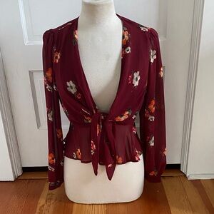 Astr Burgundy Floral Tie-Front Blouse